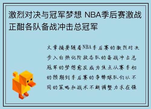 激烈对决与冠军梦想 NBA季后赛激战正酣各队备战冲击总冠军